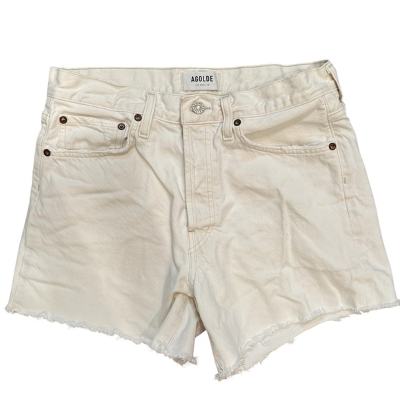 L1. Agolde White Denim Jean Shorts Parker Long Frayed Hem High Waist - Picture 1 of 8